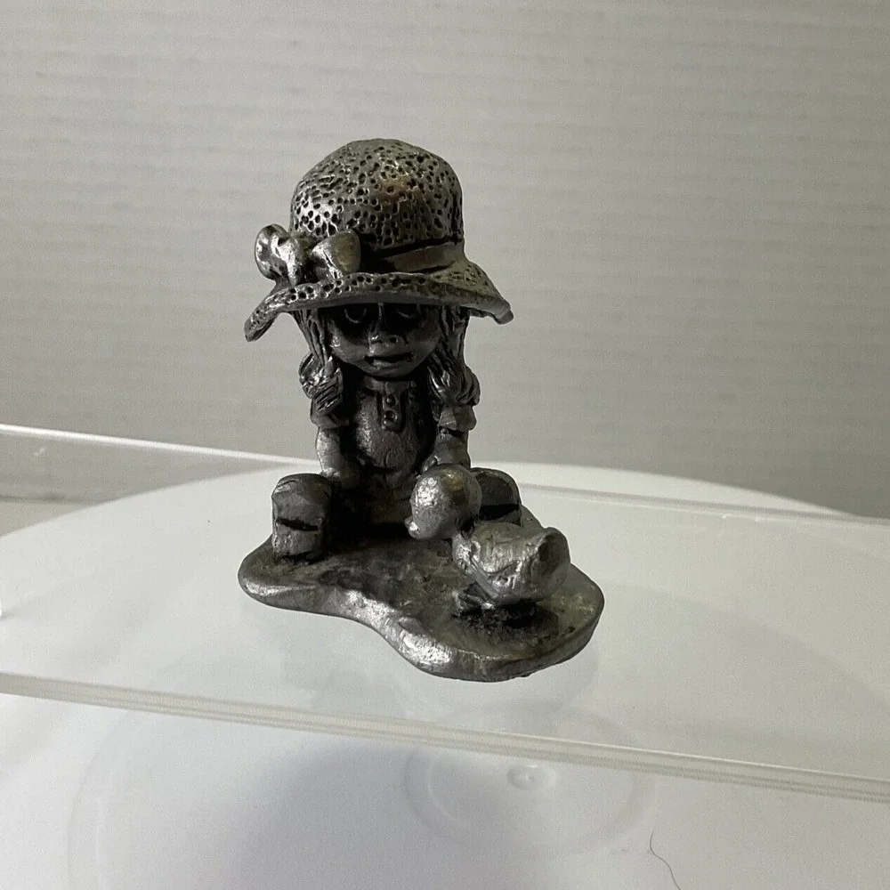 1975 Michael‎ Ricker Pewter Signed Figurine of Girl with Big Hat and Little Duck